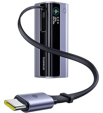 Baseus EnerGeek Power Bank 100W 10000mAh Cargador Portátil con 60cm Cable USB-C Integrado retráctiles, Pantalla Digital, Compatible con MacBook iPad, iPhone 16/15 Pro, Galaxy Ultra