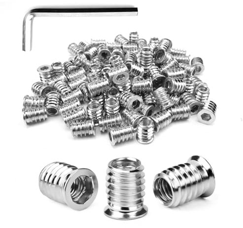 DIYCUT 100 Piezas Tuercas de Rosca 15mm, Insertos Roscados M6, Paso 0,8 mm, Insertos de Tuercas de Acero al Carbono, Rosca Interna y Externa, Aplicable a Paneles Compuestos, Contrachapado de Pino