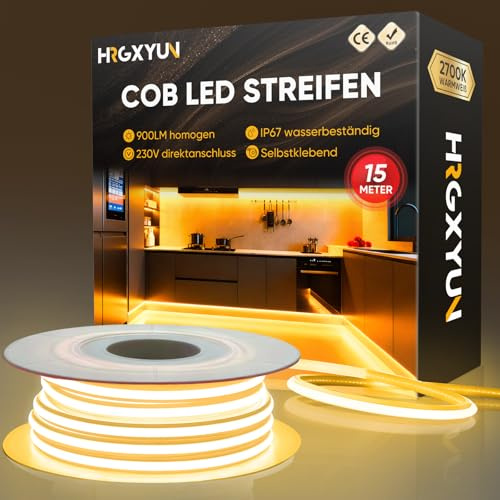HRGXYUN 230V COB LED Streifen Aussen, 240 LEDs IP67 Wasserdicht Selbstklebend, Bande LED 900LM Ohne Trafo Flexible Kürzbar für Zimmer und Außen Dekoration Beleuchtung, 2700K Warmweiß, 15m