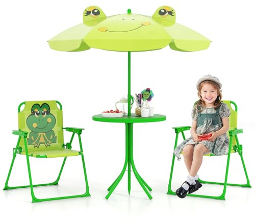 DREAMADE Kindersitzgruppe mit Sonnenschirm, Kindertisch mit 2 Klappstühlen, Kinder Picknicktisch mit höhenverstellbarem Schirm & niedlichem Muster, Kinder Gartenmöbel für Indoor & Outdoor (Hellgrün)
