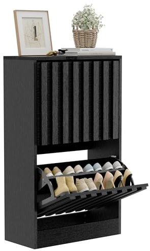 UEV Schuhschrank mit 2 Klappen Holz, Schuhregal Schmal (Schwarz) | Schuhkipper mit Kippschutz & verstellbaren Trennwände für Flur Eingang Wohnzimmer, Schuhkommode Flurkommode 52x24x86,5cm