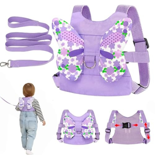 EYWILYWI Baby Walking Harness Toddler Reins, Anti-Fall & Anti-Lost Children's Reins with Detachable Safety Rein & Sparkle Butterfly Wings, Baby Reins for 1-3 Years (Purple) (Purple)