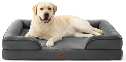 Bedsure orthopädisches Hundebett ergonomisches Hundesofa, 114x81cm | Hundekorb grosse Hunde mit eierförmiger Kistenschaum, wasserdichtem & waschbarem Bezug, rutschfester Unterseite, dunkelgrau