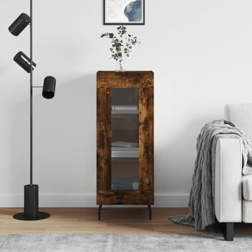 Qnhdfrt Smoked Oak Sideboard 34.5x34x90 cm Engineered Wood Storage Cabinet with Glass Door, Tall Living Room Storage Unit for Kitchen, Dining or Hallway