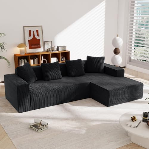 Sapgaks Ecksofa, rahmenloses Sofa (vollständig komprimiert), Dreisitzer-Sofa mit L-förmiger Chaiselongue, Modulsofa, Tiefe Sitzfläche (Schwarz)