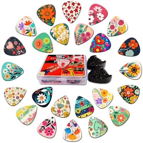 Guitar Picks 24 Stück,0,71mm Medium Plektrum mit Plektren Halter(Blumen) | Gitarren Plektren für Akustikgitarre, E-Guitar, Bass,Gitarren Zubehör,Musik Geschenk