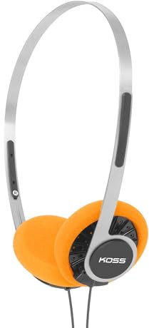 Koss KPH40 - Retro in-ear headphones, 80s style, lightweight, classic, ultra-wide frequency response, adjustable stainless steel headband, orange foam ear pads