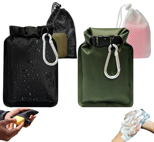 2 Pack Travel Soap Bag, Waterproof and Leakproof Soap Storage Pouches with Quick Dry Mesh Bag and Carabiner Portable Sealed Bag for Outdoor Camping Gym and Travel(Black, Green)