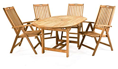 Divero 5er Set Sitzgruppe PIEMONT – ausziehbarer Esstisch + 4 x Klappstuhl mit Armlehne aus Teak-Holz, behandelt – Farbe: Braun