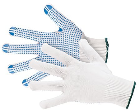 12 Paar JAH 5070 weiße Nylon-Feinstrick Arbeitshandschuhe mit blauen Noppen griffsicher atmungsaktiv guter Tragekomfort hohe Abriebfestigkeit. 100% Polyamid ohne Nähte mittelschwere Qualität Gr. 7