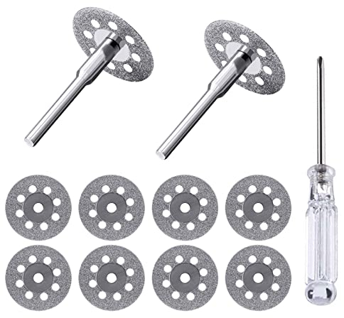 Diamant de Coupe, 10Pcs 22mm Mini Diamant Lame de Scie Disque de Coupe Ensemble avec Mandrin (3mm) et un Tournevis pour Outils Rotatifs Verre Gemmes Disques de Coupe