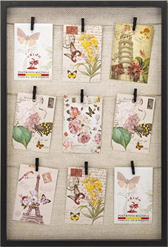 Solagua Cornice in Legno con Supporto Corda e Piccole mollette Decorate, portafoto Vintage (Nero, 43 x 64 cm)