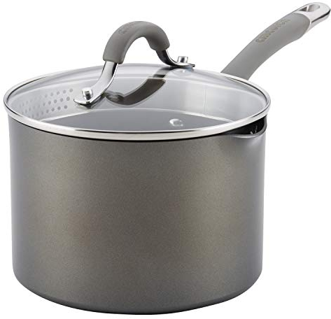 Circulon 84567 Elementum Hard Anodized Nonstick Sauce Pan/Saucepan with Straining and Lid, Aluminum, Oyster Gray