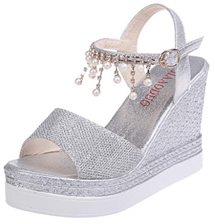 TOPEREUR Sandalen Damen Sommerschuhe Plateau Sandaletten mit Keilabsatz und Perlenbesatz, Frauen Sommer Sandalette Offener Zeh Sommersandalen Bequeme Schöne Strandsandalen (Silber, 38EU)
