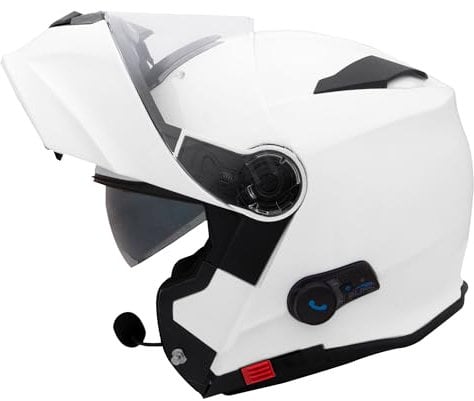 Zorax White M (57-58cm) ZOR-727 BL-A4 Anti-fog Visor Flip up Motorbike fitted with Blinc Bluetooth System Motorcycle Dual-Speaker Headset,Noise-Free,Automatic Answering,Double Visor,ECE2206