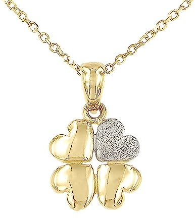 Lucchetta - Halskette mit Kleeblatt Anhänger Glücksbringer mit Diamantstaub aus 9 Karat Gelbgold, Goldkette Damen 375 Echtgold 45 cm
