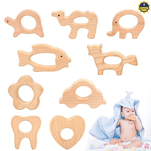 Jouet de Dentition Bois 9 Pcs Anneaux de Dentition en Bois Naturel Bébé Infantile Anneaux de Dentition d’Animal Bois Poisson Chat Fleur Anneaux de Dentition Pendants en Bois DIY Bricolage