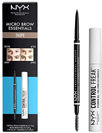 NYX Professional Makeup Brow Essentials Micro Brow Pencil & Control Freak Clear Brow Gel, Doppel-Set, Farbton: Taupe