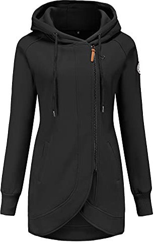 ELFIN Damen Lange Kapuzenpullover Zipper Hoodie Herbst Winter Pulli Sweatjacke mit Reißverschluss, Schwarz, XL