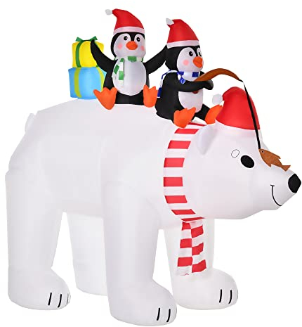 HOMCOM Aufblasbare Pinguine auf Eisbär 2,1 m Weihnachtsdekoration mit Lichtern Aufblasbares Modell Weihnachten Gärten Dekoration automatisches Aufblasen wetterfest Polyester 227 x 113 x 206 cm