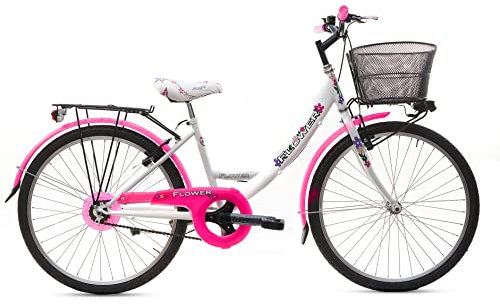 MADICKS Bicicletta Bambina Ragazza da Passeggio Misura 24 Bici con Cestino Floreale Bianco Rosa Fluo
