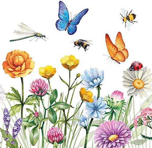 Servietten Schmetterlinge auf Blumenwiese Frühlings-Blumen mit Biene & Käfer Oster-Servietten Oster-Fest Oster-Deko Ostern Tisch-Dekoration Frühling & Sommer (20, Blumenwiese)
