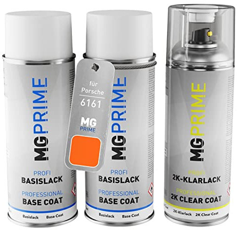 MG PRIME Autolack 2K Spraydosen Set für Porsche 6161 Gulf Orange Grundlack Basislack 2 Komponenten Klarlack Sprühdose