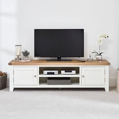 The Furniture Market Cheshire White Painted Large Widescreen TV Unit – Solid Wood & Oak – Fits TVs Up to 80” – 2 Cupboards & Open Shelf – Limed Oak Top – No Assembly - H 510mm x W 1750mm x D 430mm