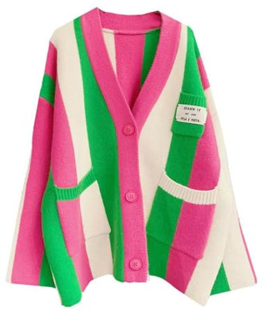 JASCLS Women's Long Sleeve Color Block Chunky Cable Knitted Oversized Sweater Cardigans for Women, Rainbow Pink, M