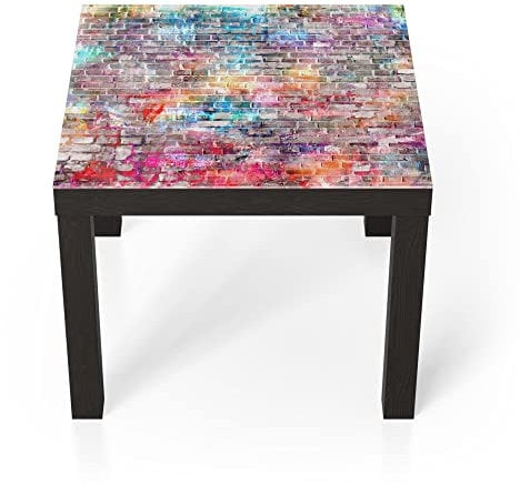 DEQORI Glastisch | schwarz klein 55x55 cm | Motiv Ziegelmauer mit Graffiti | ausgefallener Beistelltisch aus Glas | Hochglanz Couchtisch fürs Wohnzimmer | moderner Couch Tisch mit Design