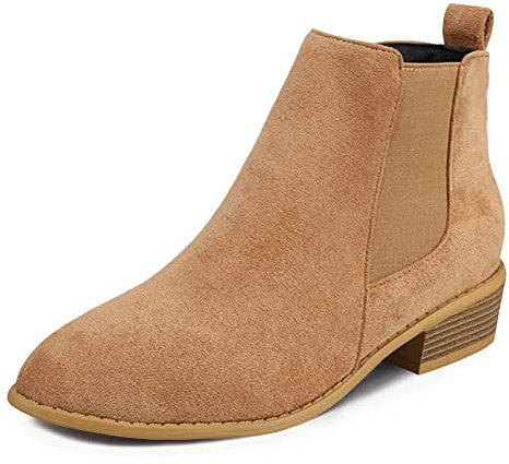 Dernolsea Chelsea Boots - Stivaletti da donna, in finta pelle scamosciata, tacco basso stile western, con cerniera, Camoscio beige., 40 EU