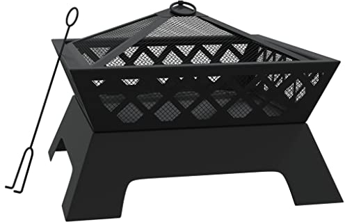 vidaXL Feuerschale mit Schürhaken, Feuerstelle für Garten Terrasse, Feuerkorb mit Funkenschutz, Garten Feuerkorb Terrasse Feuerschale, Stahl