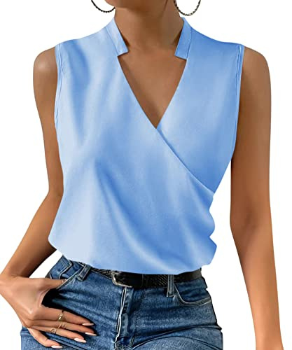 ORANDESIGNE Débardeur Femme Chic Et Élégant Top Chemisier Sexy Blouse Ample Haut Été sans Manches Tee Shirt Col V Fluide Mode Casual Chemise Classique Debardeur Travail Camisole A Bleu L