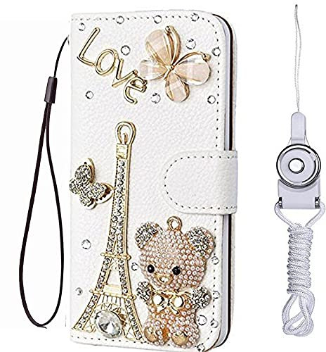 HFICY Diamonds Designed for iPhone Case with 2 Pack Glass Screen Protectors + 2 Straps, Girly Bling Wallet Leather Phone Case Sparkly Cover for Women (For iPhone X XS, butterfly tower bear)