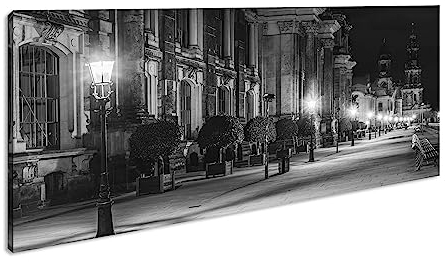 Abendstimmung am Elbufer in Dresden Panorama 80x40 cm Effekt: Schwarz/Weiss als Leinwandbild, Motiv fertig gerahmt auf Echtholzrahmen, Hochwertiger Digitaldruck mit Rahmen