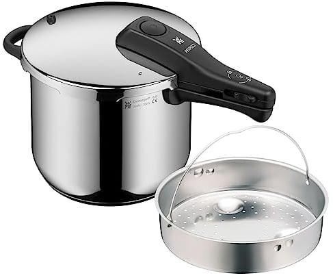 WMF Perfect - Olla a presión de inducción (6,5 L, olla a presión con inserto, señal de cocción grande, 2 niveles de cocción, mango de tapa extraíble, acero inoxidable Cromargan)