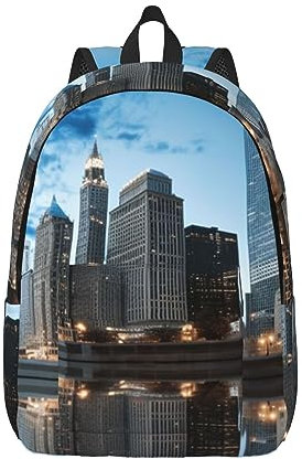 OPSREY Chicago Rucksack aus Segeltuch, reflektierter Druck, lässiger Tagesrucksack, große Kapazität, Laptoptasche, Reiserucksack für Damen und Herren, Schwarz , S