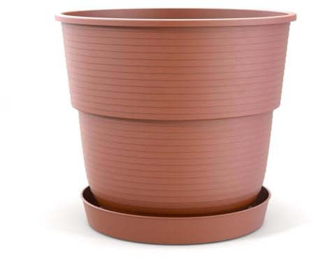 Plastard Blumentopf Milano 32 cm Durchmesser mit passenden Untersetzer Farbe Terrakotta Übertopf Blumenkübel für Garten Balkon Terrasse Pflanztopf