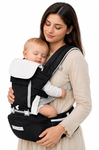 BAABLA Ergonomic Baby Carrier with Hip Seat (8–35 lbs) – Adjustable Cotton Infant & Toddler Carrier with Lumbar Support, Storage Pocket & Bottle Holder – Newborn to Toddler – Black
