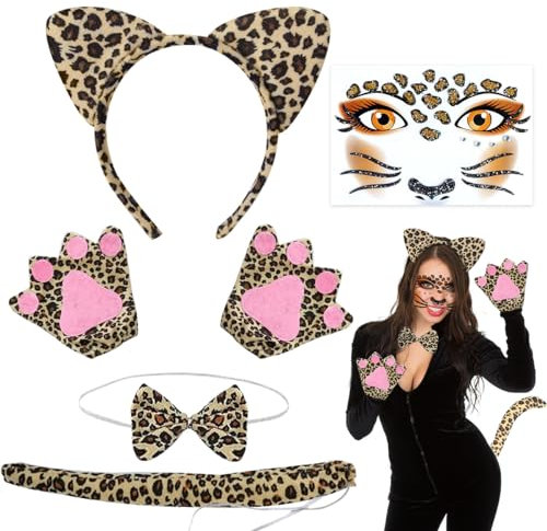 Leoparden Kostüm Set, Leoparden Kostüm Damen, Leoparden Katzenohren Handschuhe Schwanz Und Fliege, Leopard Gesicht Kunst Aufkleber, Ohren Stirnband Set für Karneval Dschungel Party Maskerade Fasching