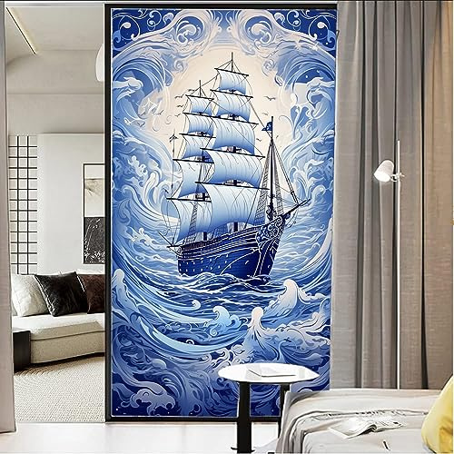 Blue Sea Segelboot-Fenster-Sichtschutzfolie, nautische Wellen, japanischer Stil, Buntglas-Fensterfolie, dekorative Fensterfolie für Fenster und Glastür, sonnenblockierend, 70 x 120 cm