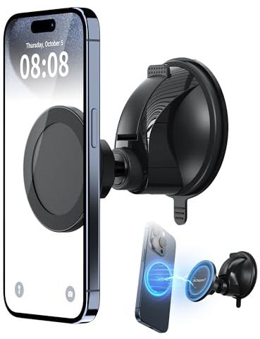 PROfezzion Magnetic Shower Mirror Phone Holder Reusable Suction Cup Phone Mount for iPhone Mag Safe 16 15 14 13 12 & All Phones, Rotating Stand for Glass Window Bathroom Kitchen Makeup Video (Black)
