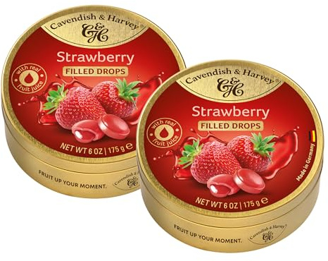 Cavendish & Harvey Strawberry Drops gefüllt 175g Dose 2er Pack | Aromatische Erdbeere gefüllt mit vollmundigem Erdbeersaft | Gefüllte Fruchtbonbons | Vegan, Halal, Koscher | 2 x 175g