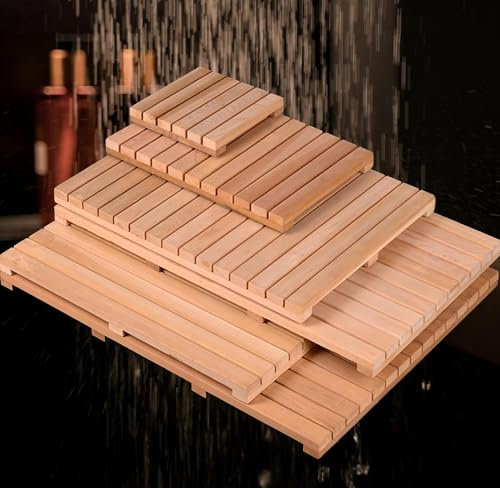 NEPHRA Holz Badematte | Duschmatte rutschfest | Sauna Boden | Duschmatte Outdoor | Dusch Boden | Badteppich Set | Outdoor Dusche Holzmatte | Schnelle EntwäSserung(110x65cm/43x26in)