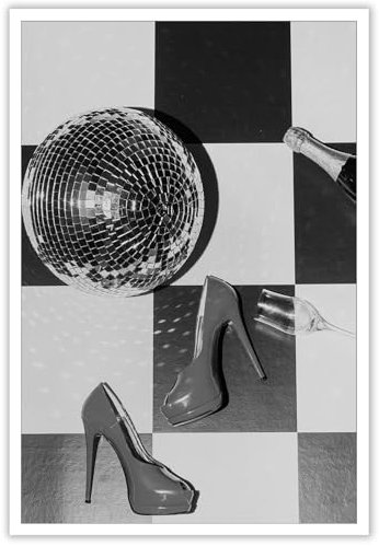 XUHZNXPW Retro 70s Disco Poster Black And White Champagne Wall Art A Pair Of High Heels A Wine Glass And A Bottle Of Wine Disco Prints Painting For Home Dorm Wall Decor 12x16in Unframed