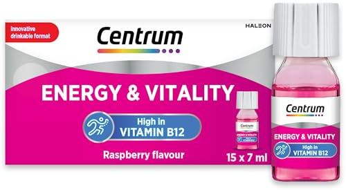 Centrum Energy & Vitality Vitamin B12 Liquid Shot, High Strength B12, Vegan Multivitamin Supplement, 15 × 7 ml Bottles