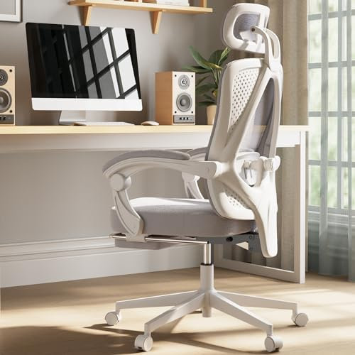 Dowinx Bürostuhl Ergonomisch, Schreibtischstuhl mit Kopfstütze, Lendenwirbelstütze, Chefsessel Bürostuhl mit Fußstütze, Höhenverstellbar, Verstellbare Rückenlehne, Mesh Bürostuhl 150 KG, Grau