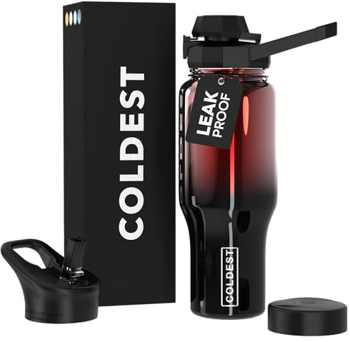 Coldest Sports Water Bottle - 3 in 1 Lids (Chug, Straw, Handle) - Insulated Stainless Steel Tumbler with Handle - Vacuum Water Flask Cup, Valentines Gifts for Him Her (36 oz, Red Nova)