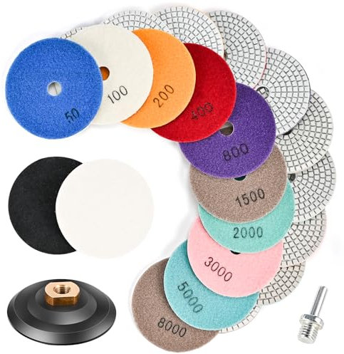 Philtool Set di dischi lucidanti diamantati bagnati, 10 cm, con piastra di supporto in gomma M14 + feltro di lana + adattatore, tampone abrasivo 50#-8000# per piastrelle, marmo, granito, calcestruzzo