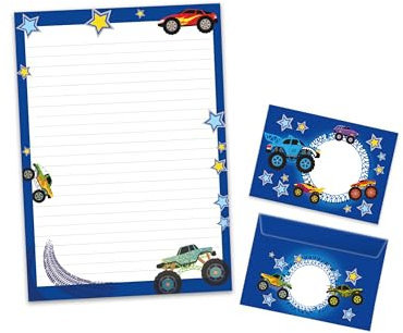 Briefpapier-Set Briefblock mit Umschlag für Jungen Mädchen Kinder Auto Monstertruck (Block A4 mit 25 Blätter + 15 Umschläge)
